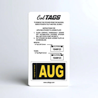 California license plate August month sticker mounted on CalTags display card — Legacy Series