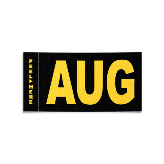 California license plate August month sticker — Legacy Series — reproduction shown on white background