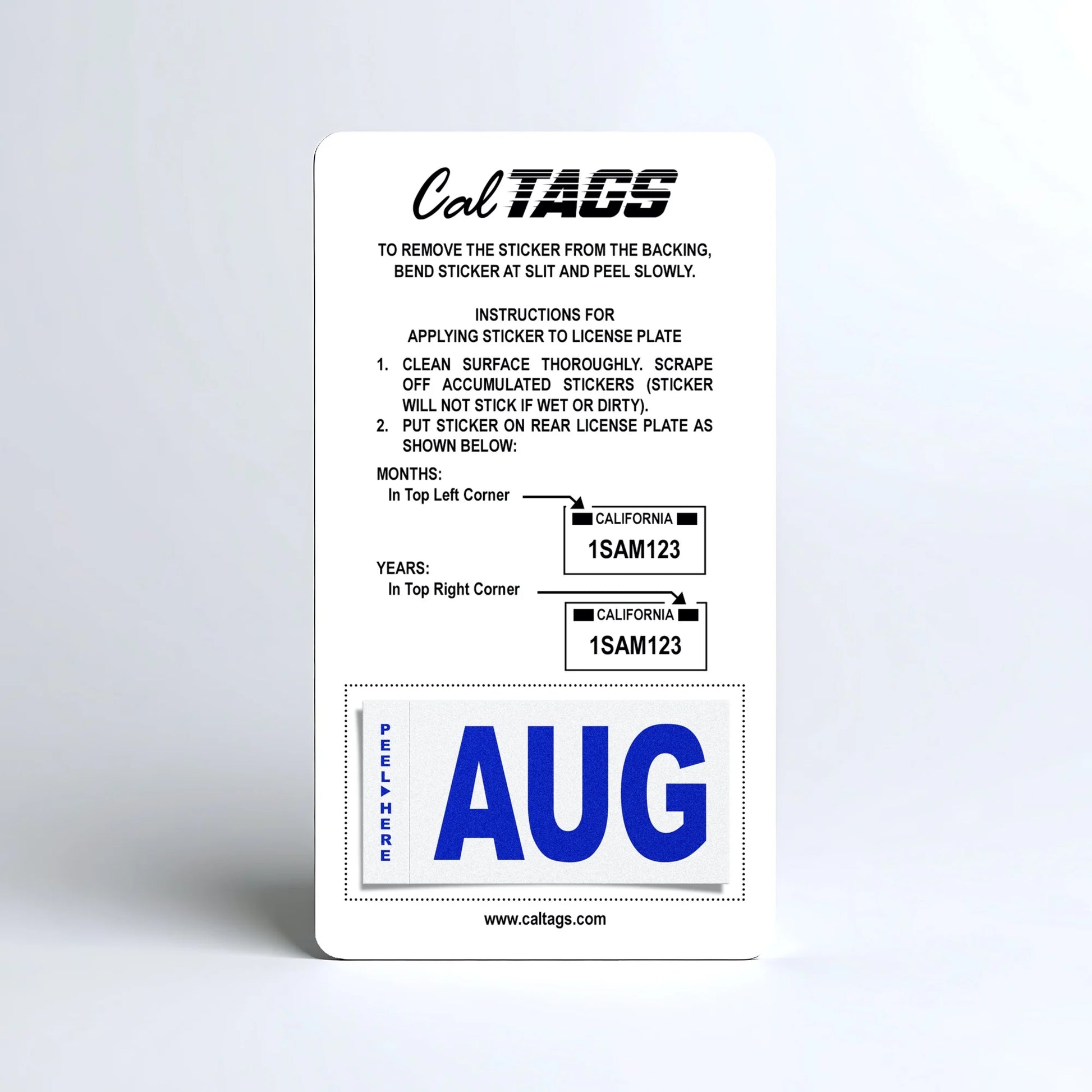 California license plate August month sticker mounted on CalTags display card — Modern Series