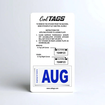 California license plate August month sticker mounted on CalTags display card — Modern Series