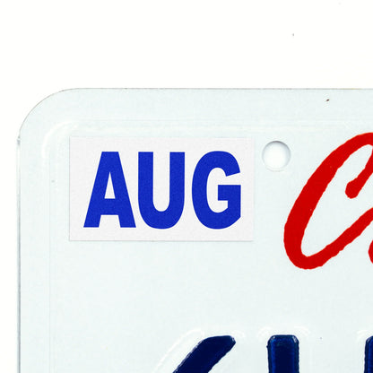 California license plate August month sticker applied to upper corner of white California plate — Modern Series