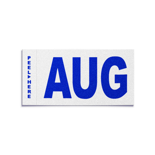 California license plate August month sticker — Modern Series — reproduction shown on white background