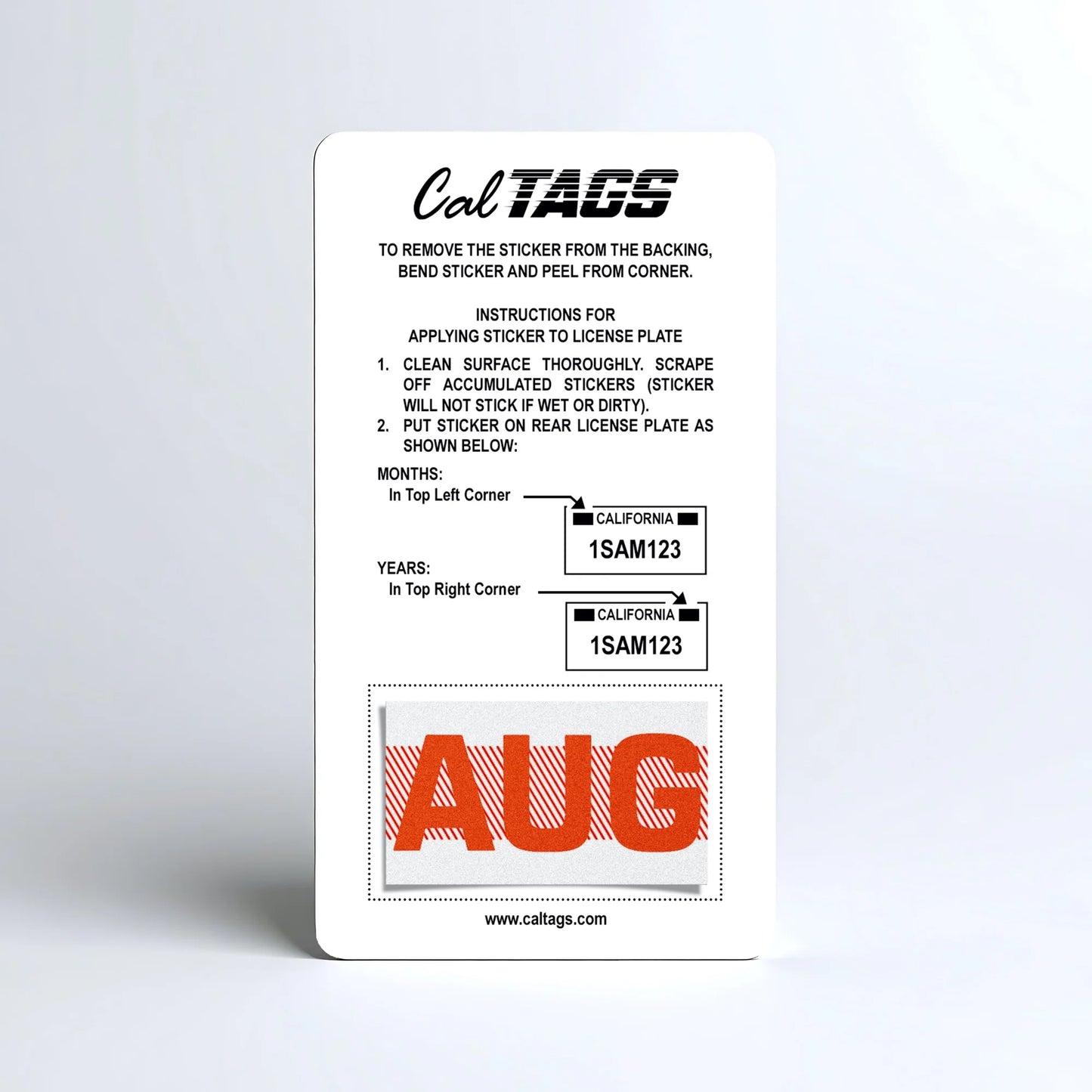 California license plate August month sticker mounted on CalTags display card — Red Series