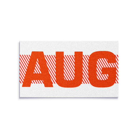California license plate August month sticker — Red Series — reproduction shown on white background