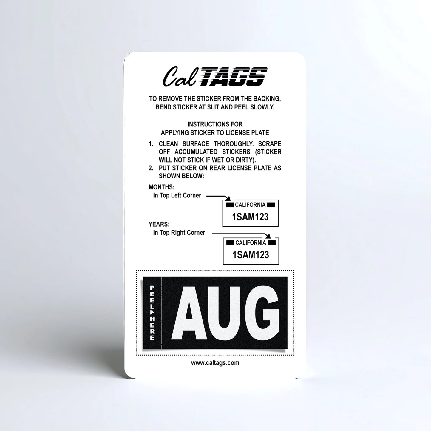 California license plate August month sticker mounted on CalTags display card — Stealth Series