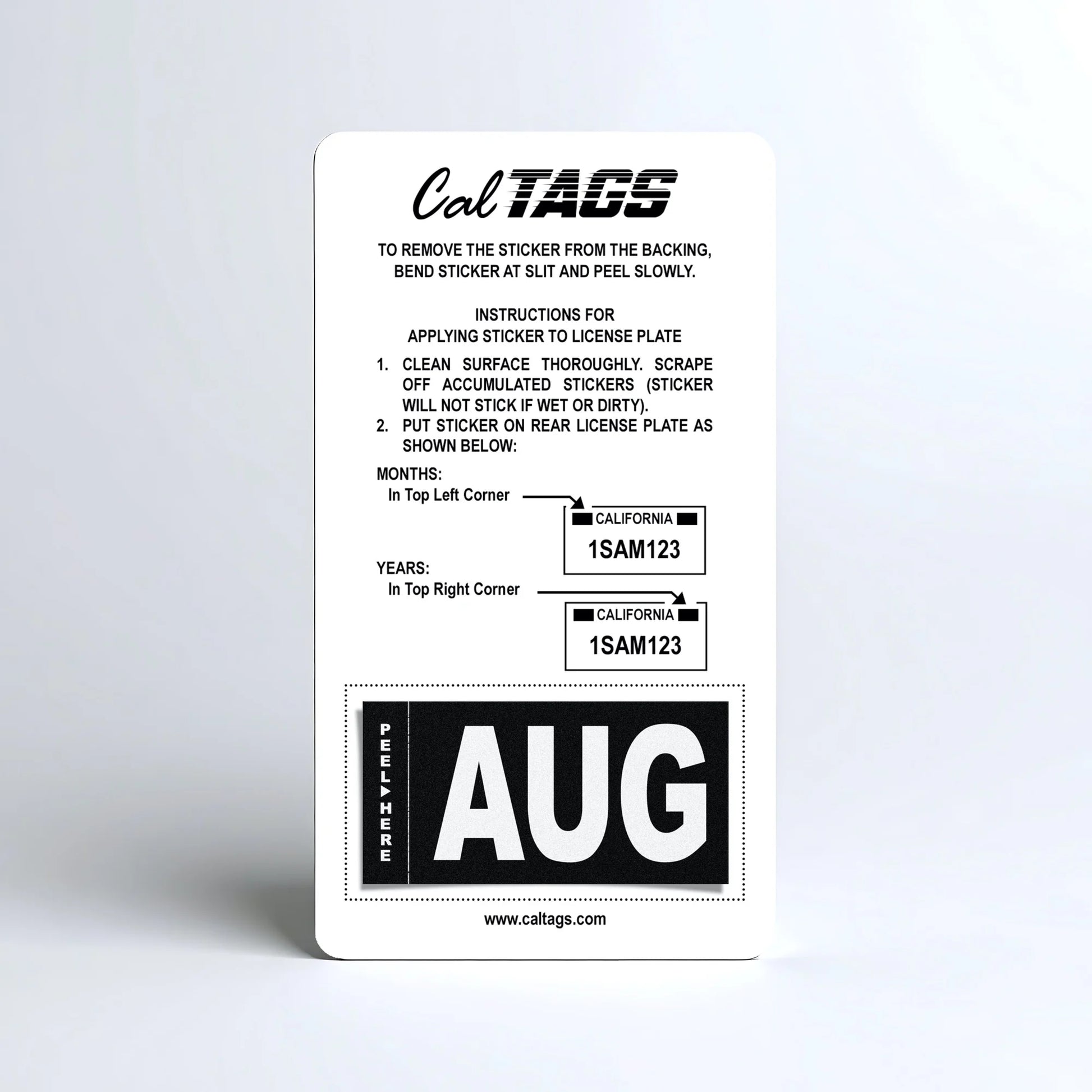 California license plate August month sticker mounted on CalTags display card — Stealth Series