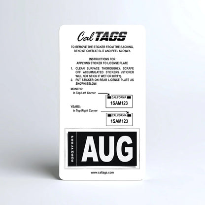 California license plate August month sticker mounted on CalTags display card — Stealth Series
