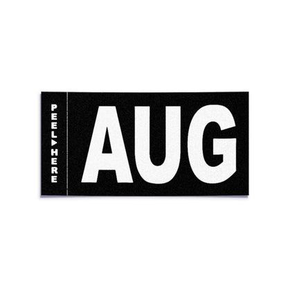 California license plate August month sticker — Stealth Series — reproduction shown on white background