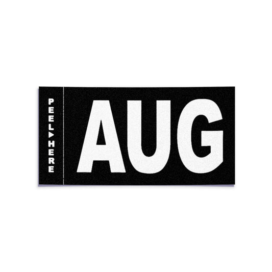 California license plate August month sticker — Stealth Series — reproduction shown on white background