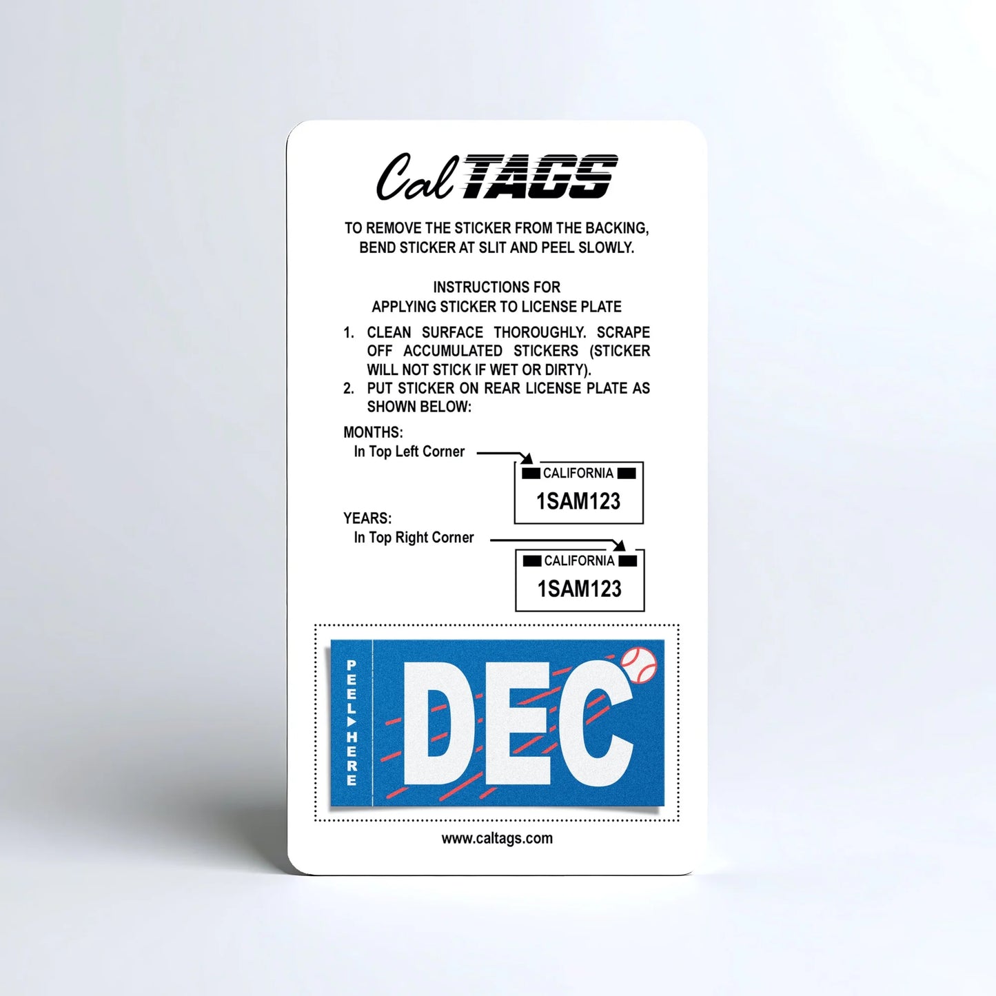 California license plate December month sticker mounted on CalTags display card — Ballpark Series