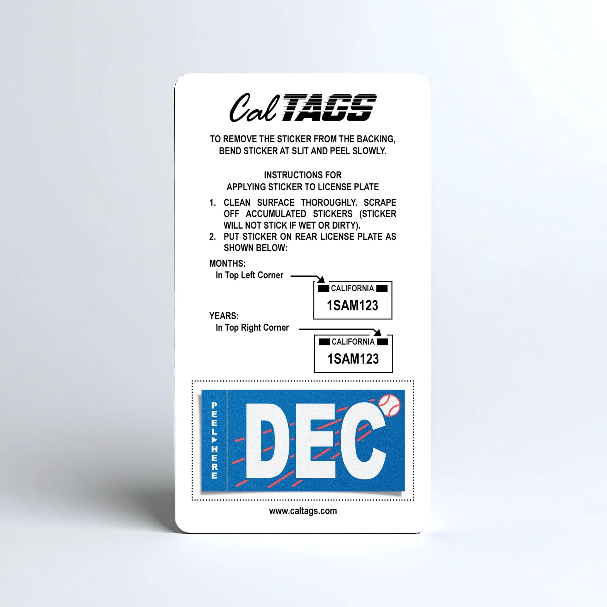 California license plate December month sticker mounted on CalTags display card — Ballpark Series