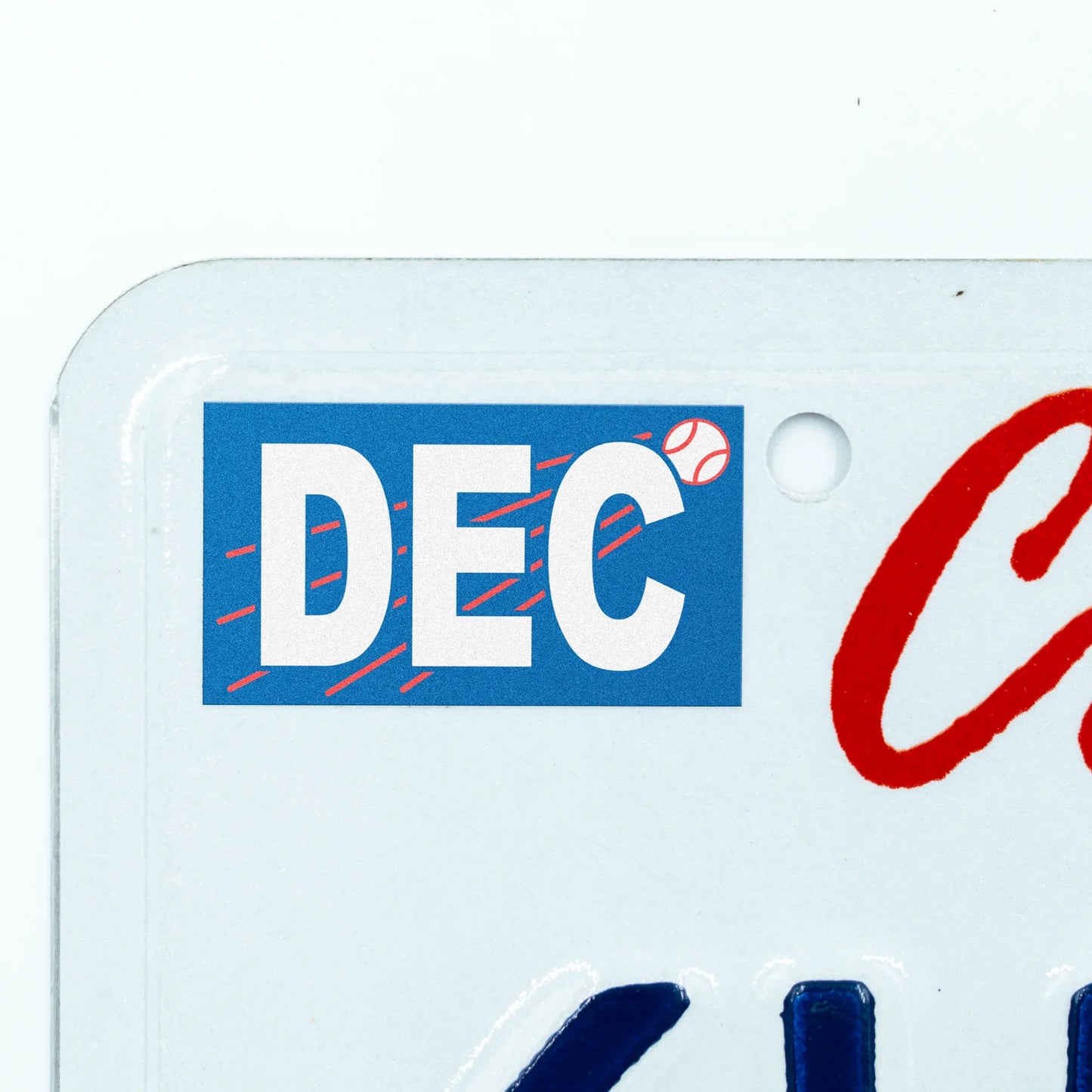 California license plate December month sticker applied to upper corner of white California plate — Ballpark Series