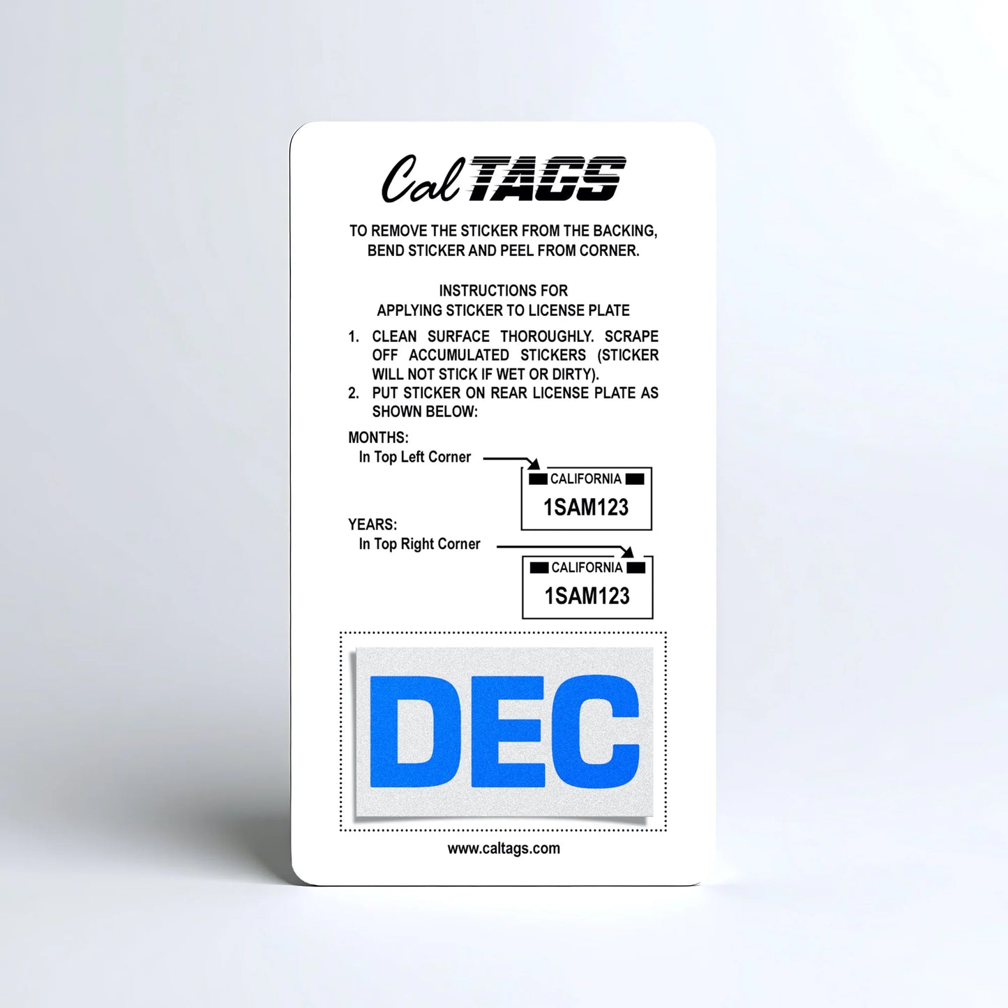 California license plate December month sticker mounted on CalTags display card — Blue Series