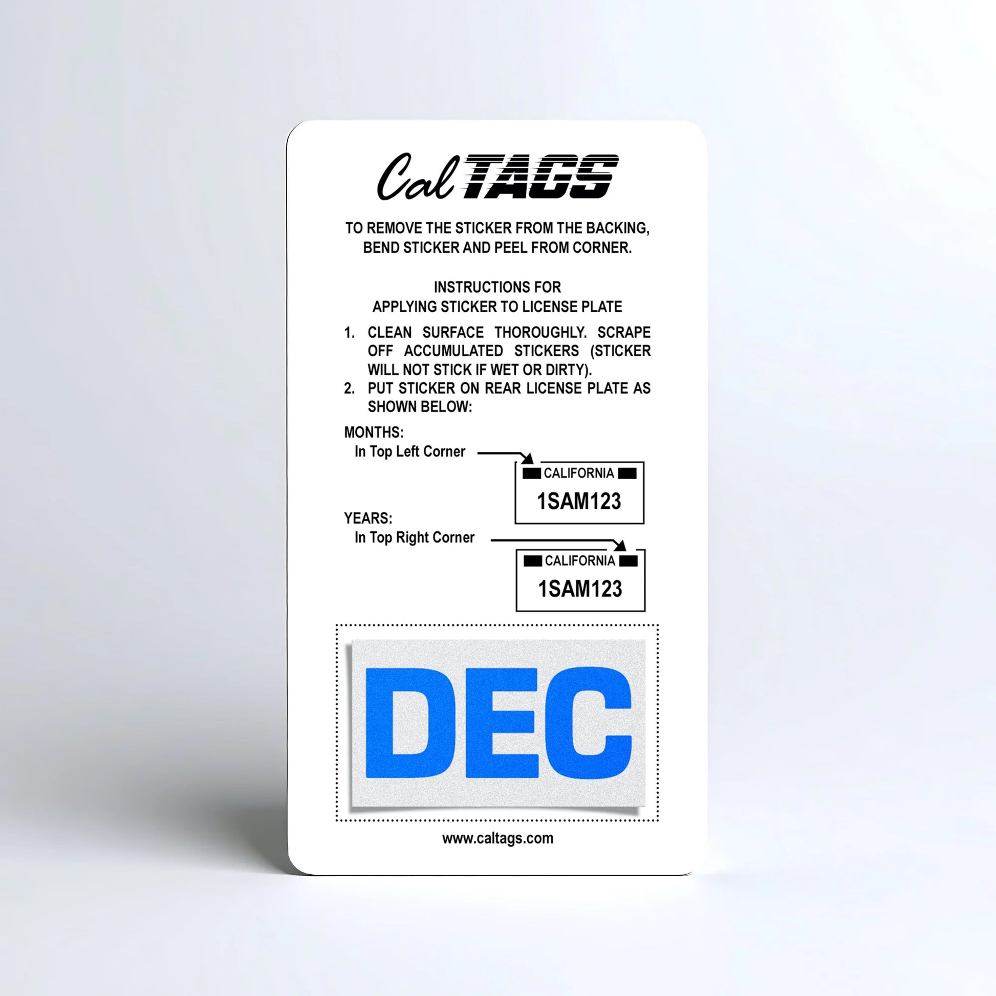 California license plate December month sticker mounted on CalTags display card — Blue Series