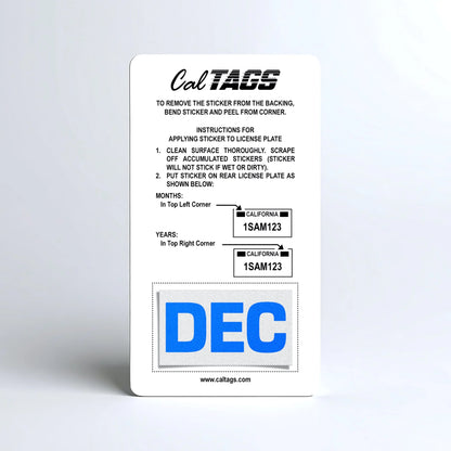 California license plate December month sticker mounted on CalTags display card — Blue Series