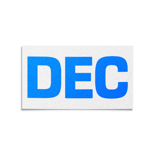 California license plate December month sticker — Blue Series — reproduction shown on white background