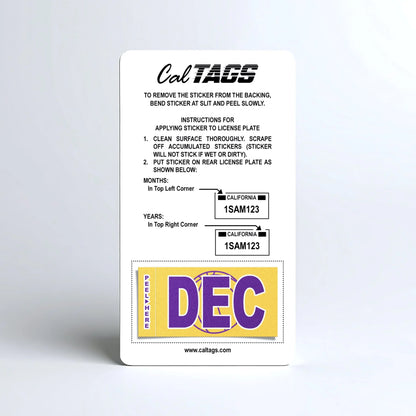 California license plate December month sticker mounted on CalTags display card — Courtside Series