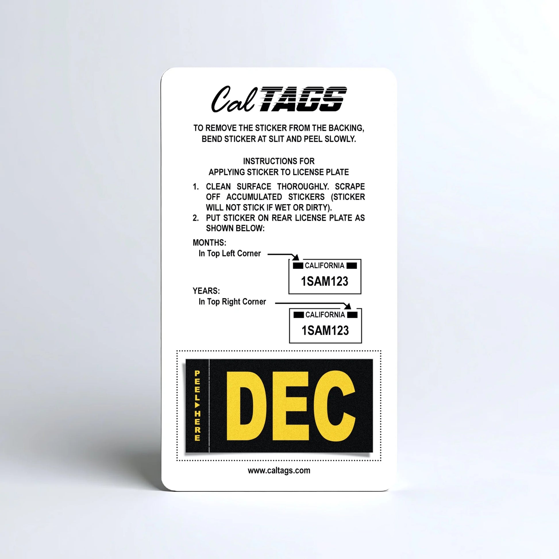 California license plate December month sticker mounted on CalTags display card — Legacy Series