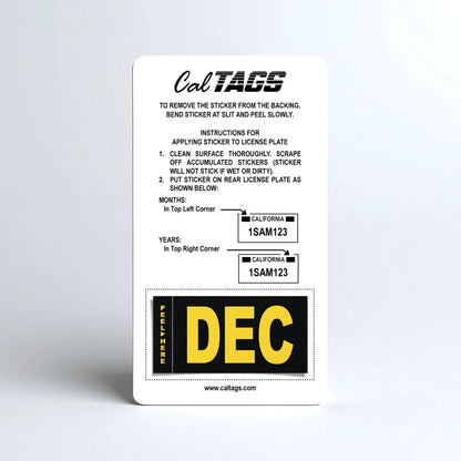 California license plate December month sticker mounted on CalTags display card — Legacy Series