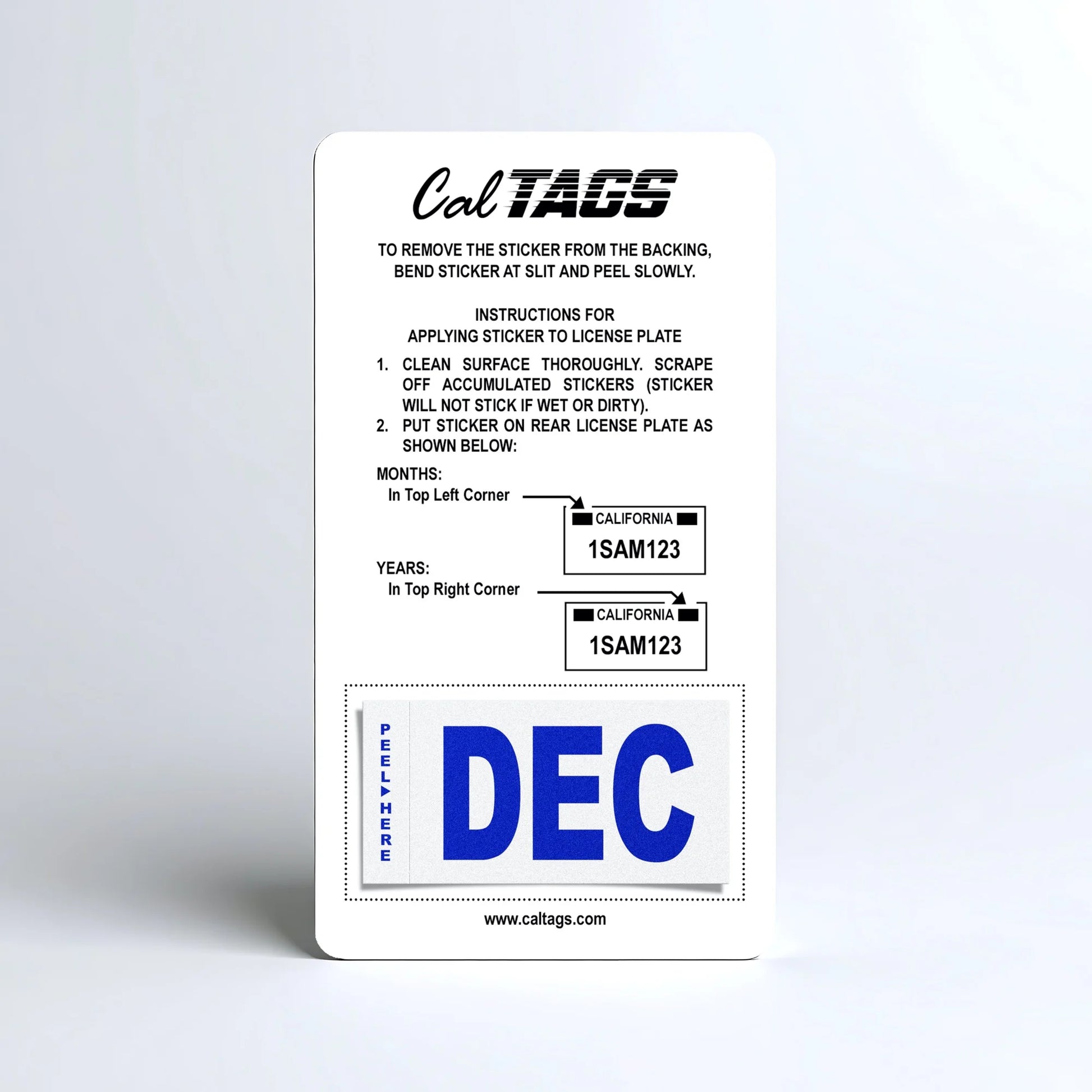 California license plate December month sticker mounted on CalTags display card — Modern Series