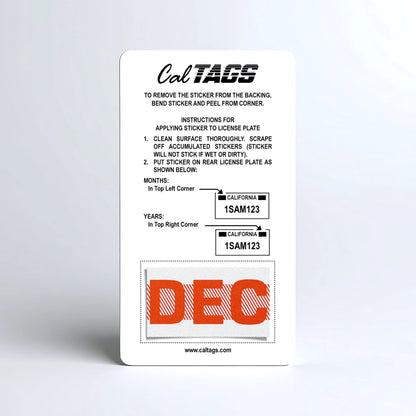 California license plate December month sticker mounted on CalTags display card — Red Series