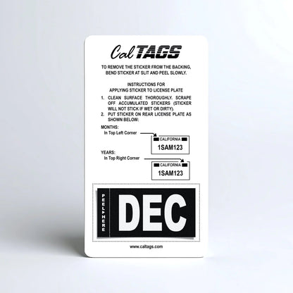 California license plate December month sticker mounted on CalTags display card — Stealth Series