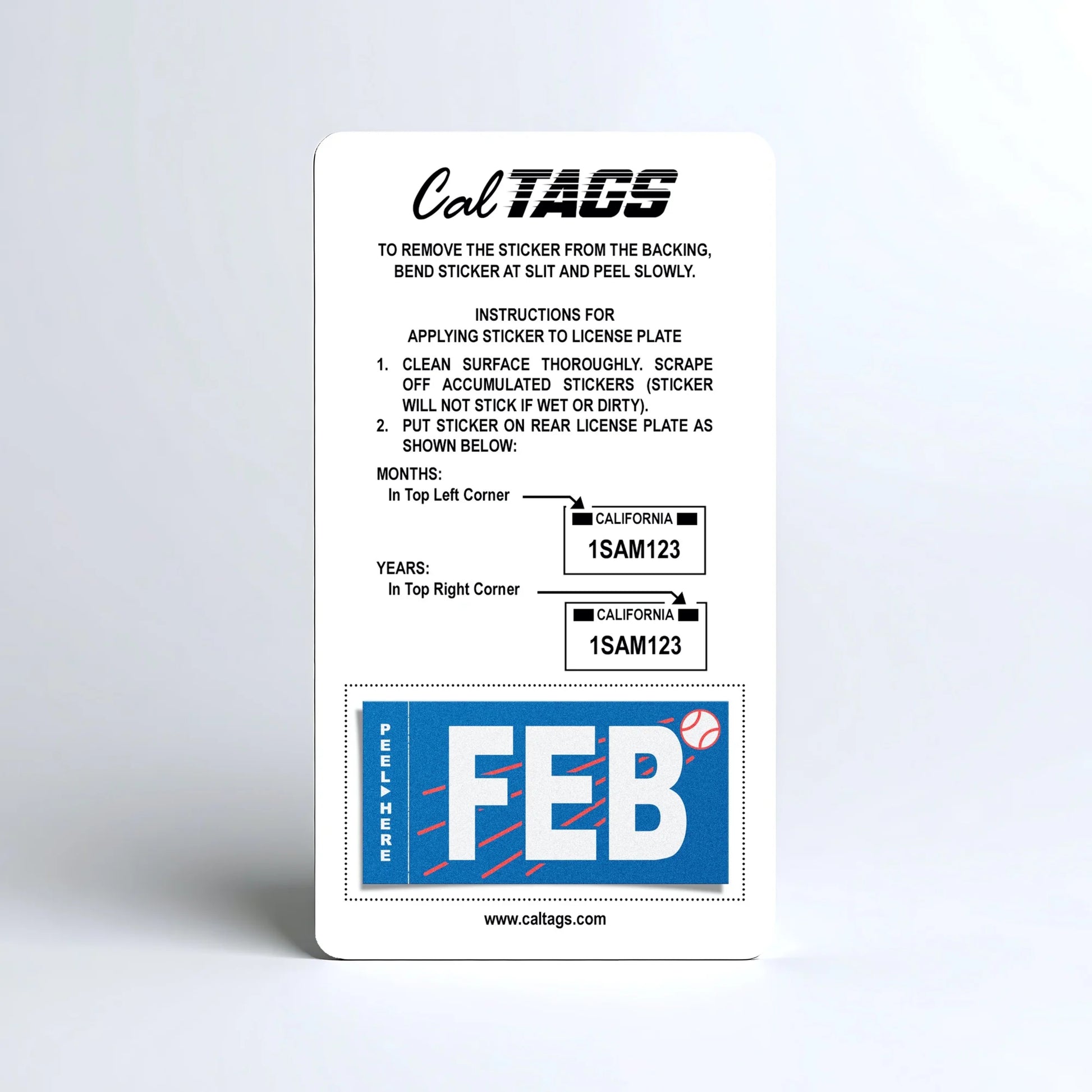 California license plate February month sticker mounted on CalTags display card — Ballpark Series