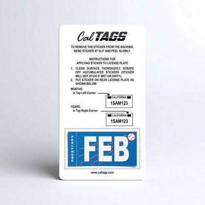 California license plate February month sticker mounted on CalTags display card — Ballpark Series