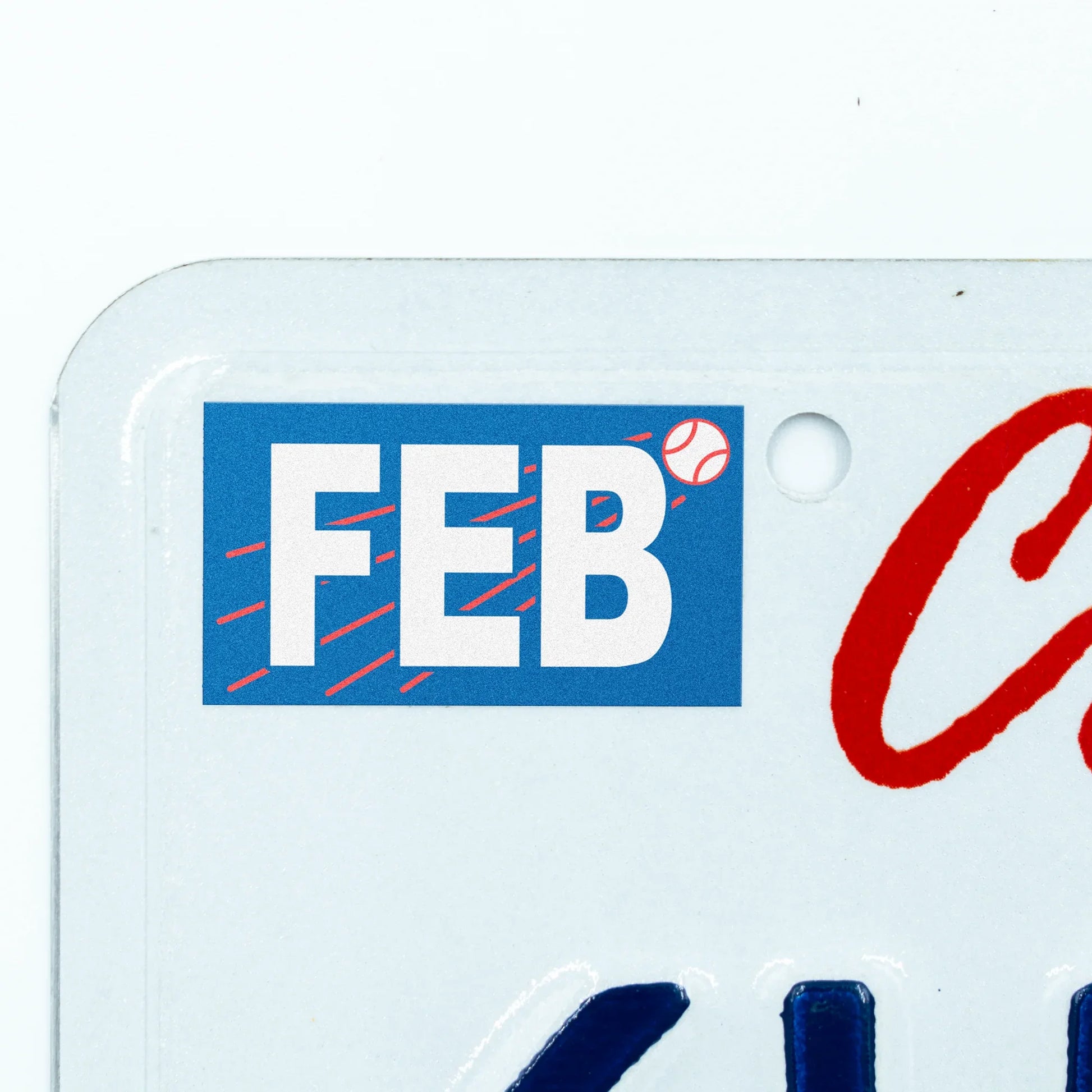 California license plate February month sticker applied to upper corner of white California plate — Ballpark Series