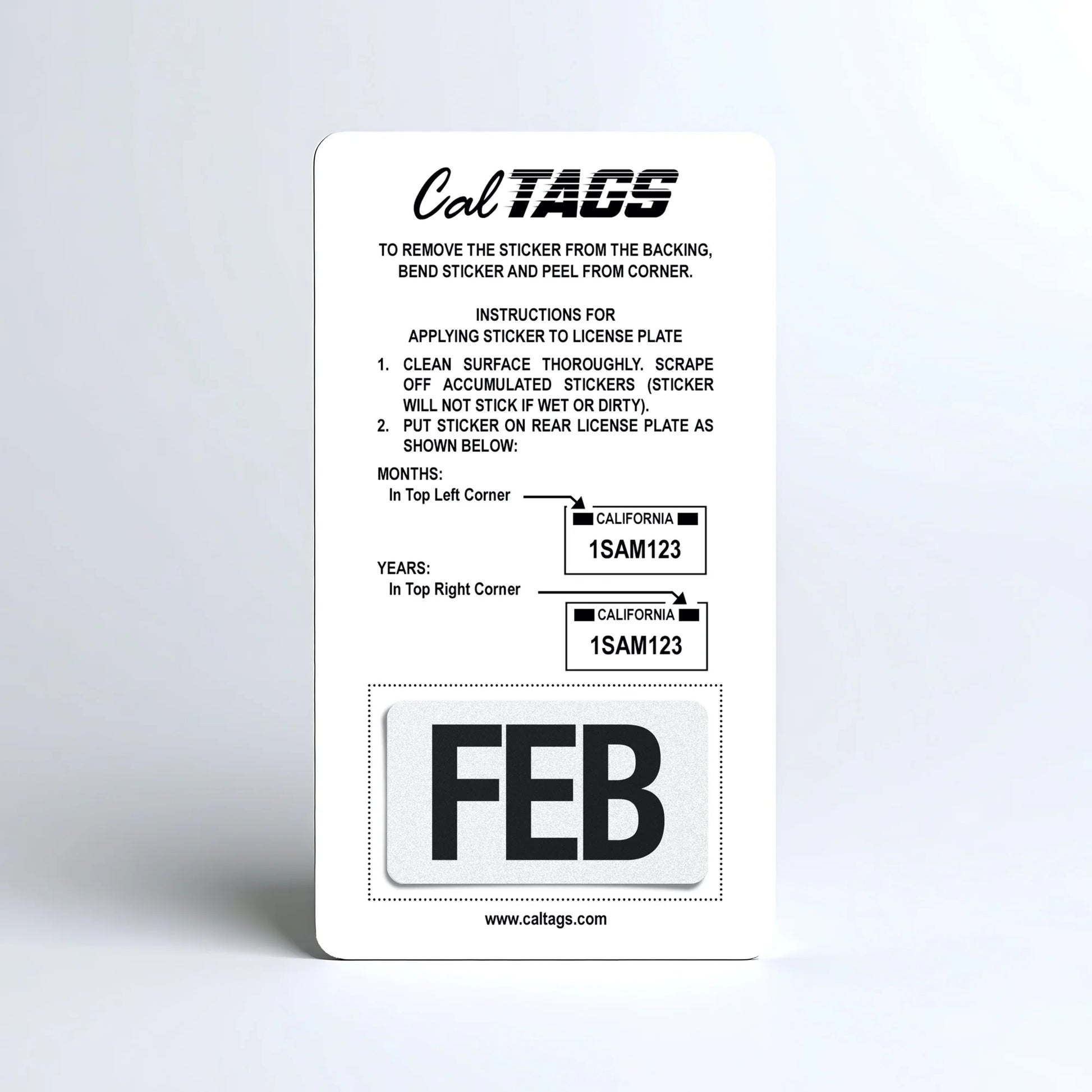 California license plate February month sticker mounted on CalTags display card — Black Series