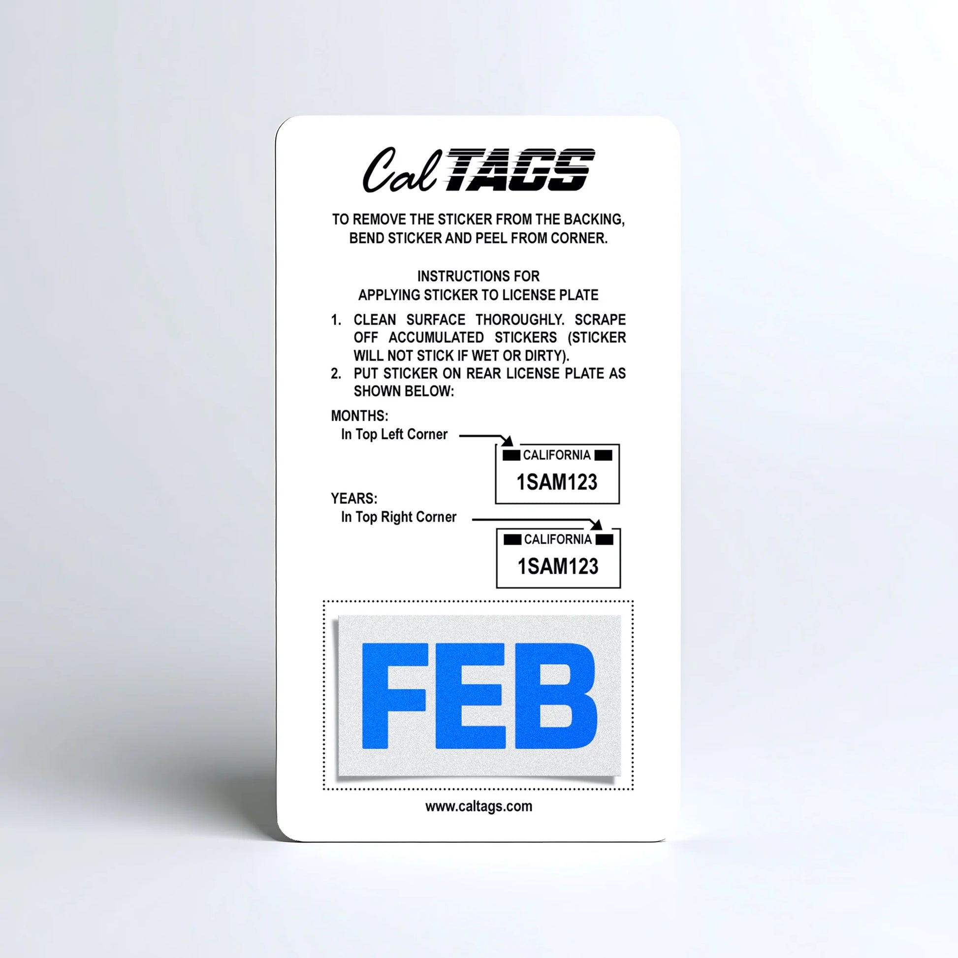 California license plate February month sticker mounted on CalTags display card — Blue Series