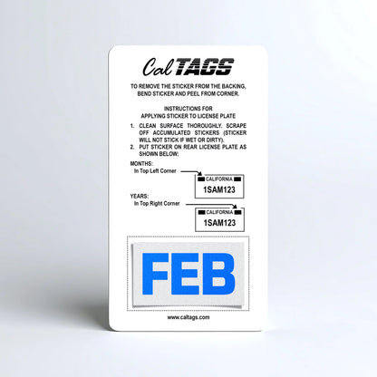 California license plate February month sticker mounted on CalTags display card — Blue Series