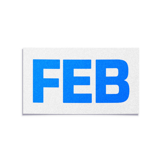 California license plate February month sticker — Blue Series — reproduction shown on white background