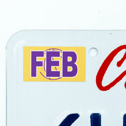 California license plate February month sticker applied to upper corner of white California plate — Courtside Series