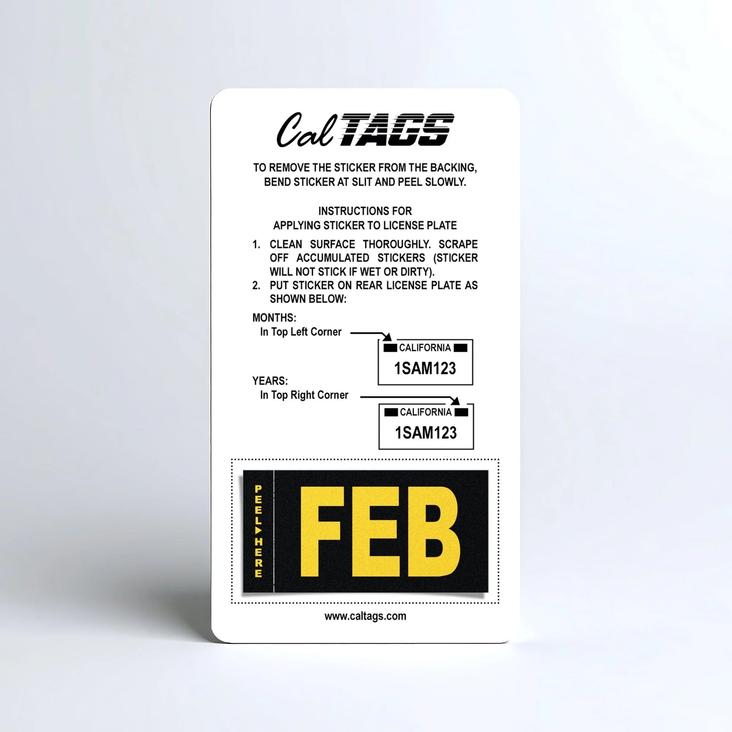 California license plate February month sticker mounted on CalTags display card — Legacy Series