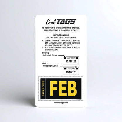 California license plate February month sticker mounted on CalTags display card — Legacy Series