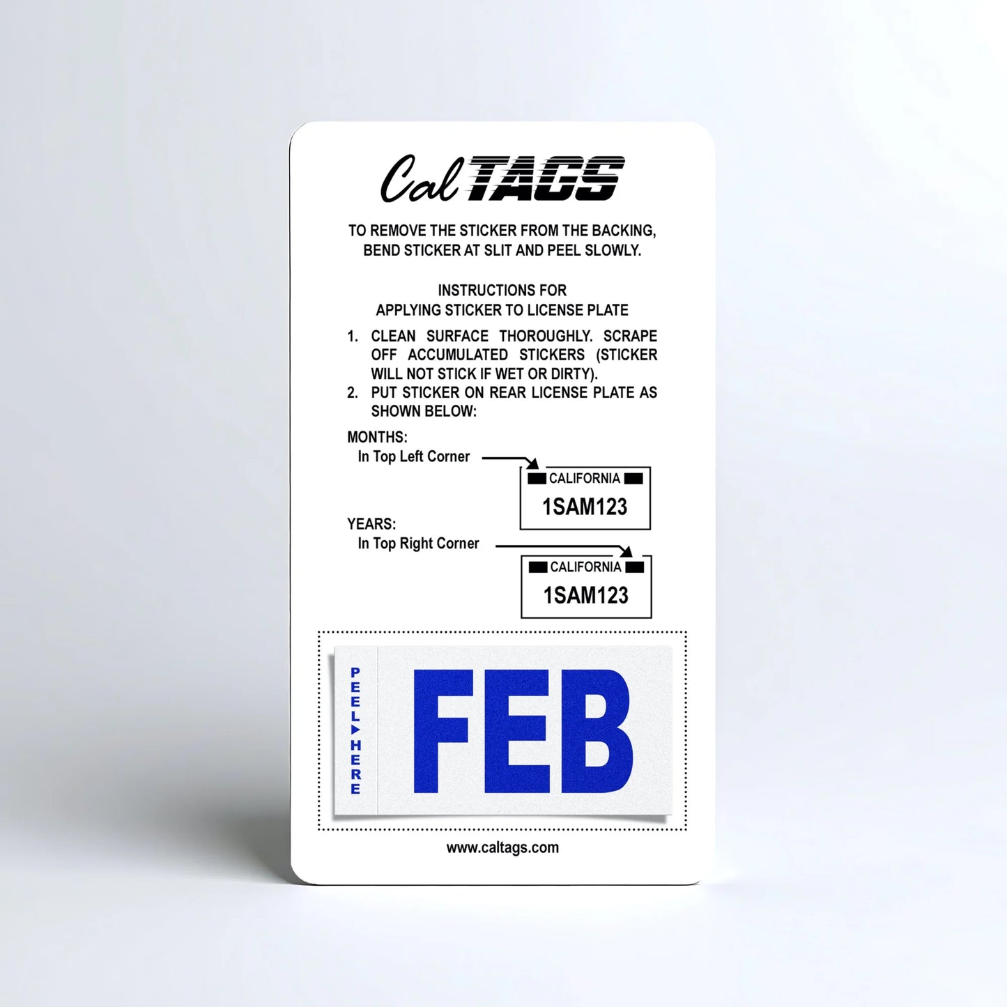 California license plate February month sticker mounted on CalTags display card — Modern Series