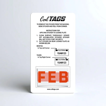 California license plate February month sticker mounted on CalTags display card — Red Series