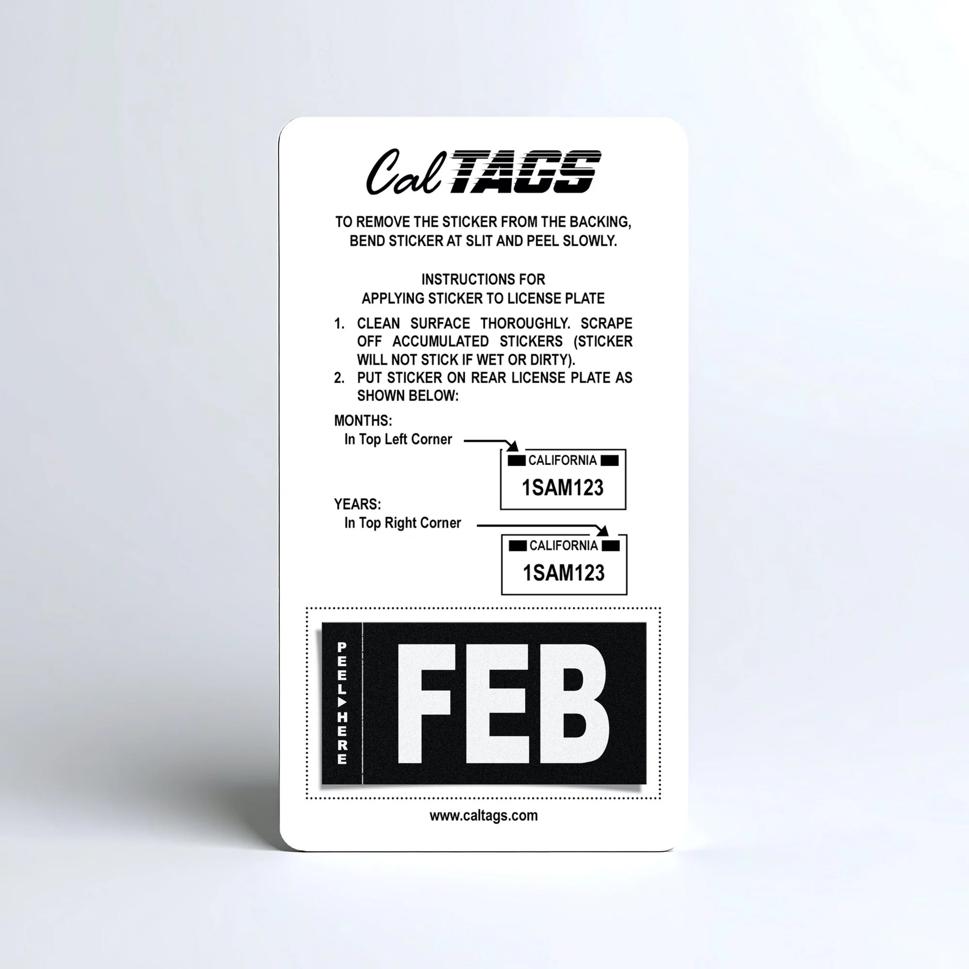 California license plate February month sticker mounted on CalTags display card — Stealth Series