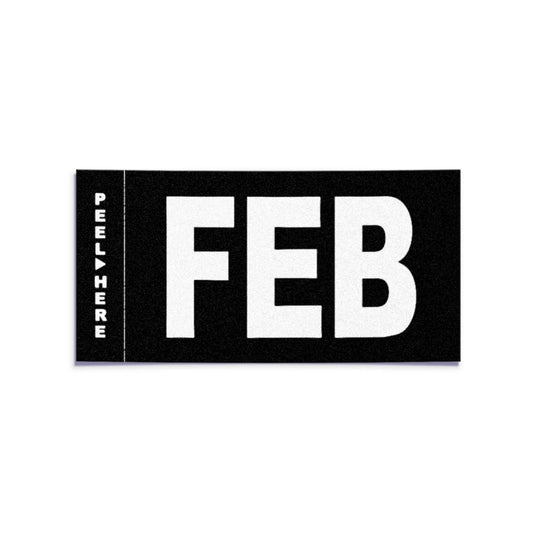 California license plate February month sticker — Stealth Series — reproduction shown on white background