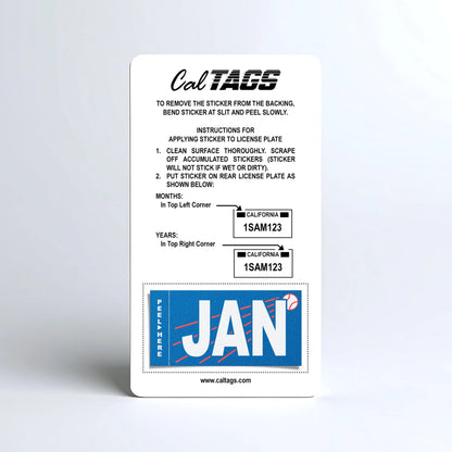 California license plate January month sticker mounted on CalTags display card — Ballpark Series
