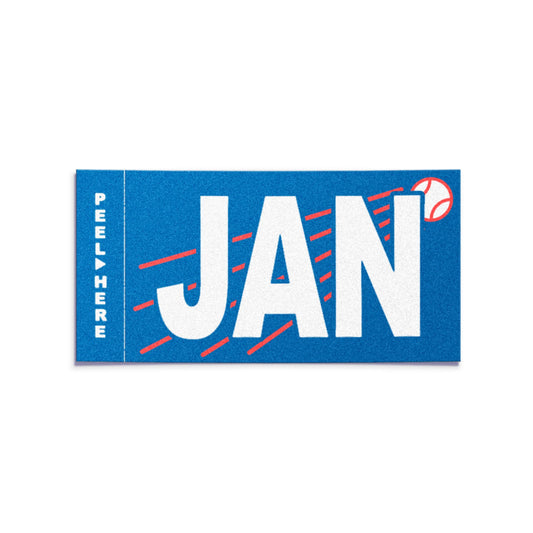 California license plate January month sticker — Ballpark Series — reproduction shown on white background
