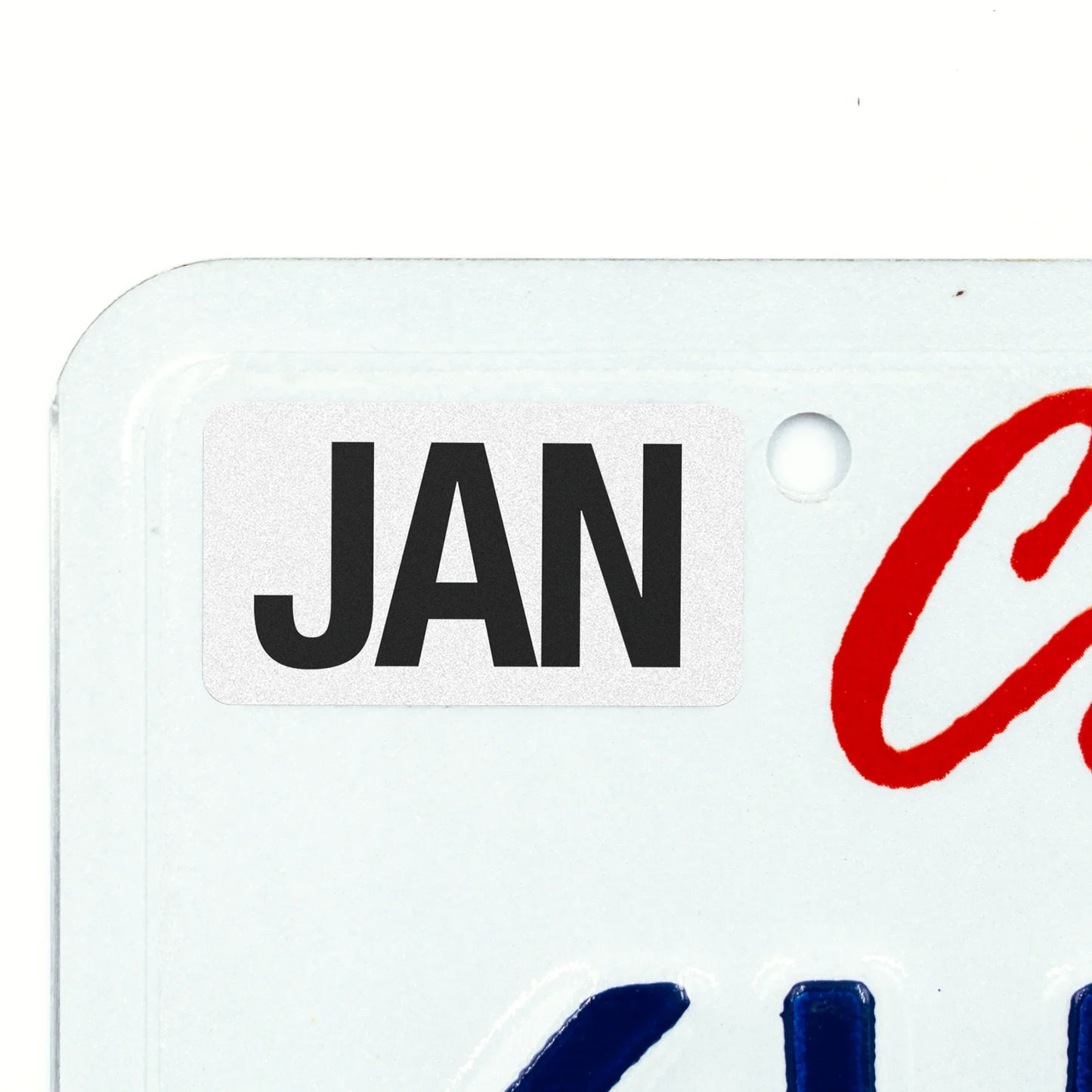 California license plate January month sticker applied to upper corner of white California plate — Black Series