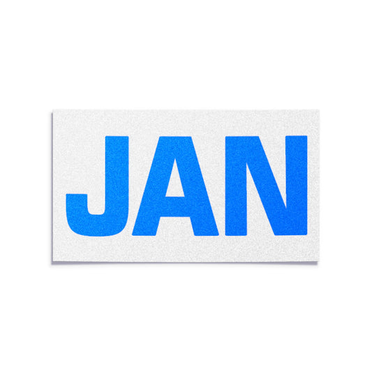 California license plate January month sticker — Blue Series — reproduction shown on white background