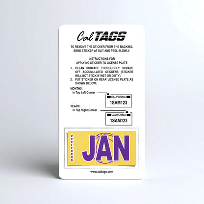 California license plate January month sticker mounted on CalTags display card — Courtside Series