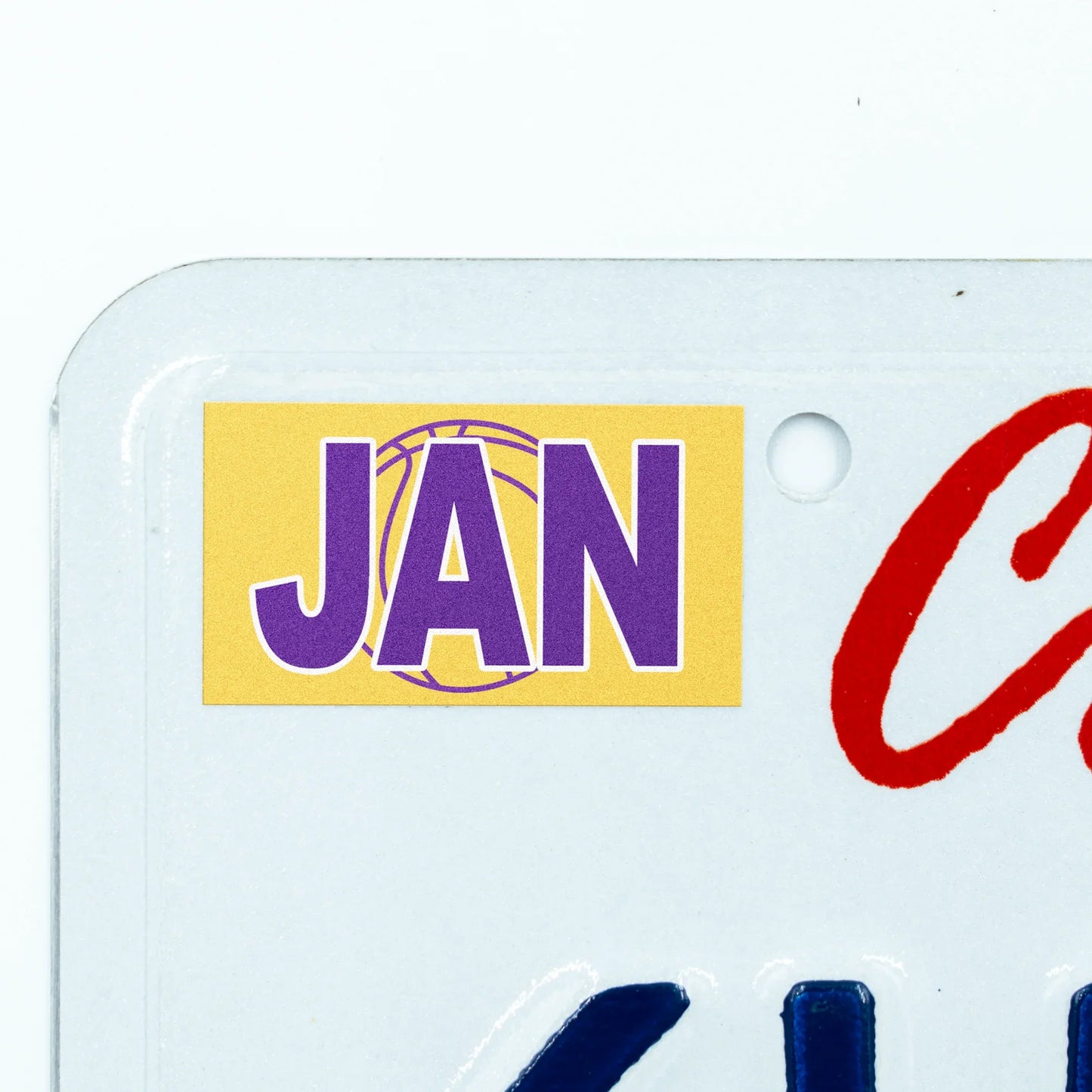 California license plate January month sticker applied to upper corner of white California plate — Courtside Series