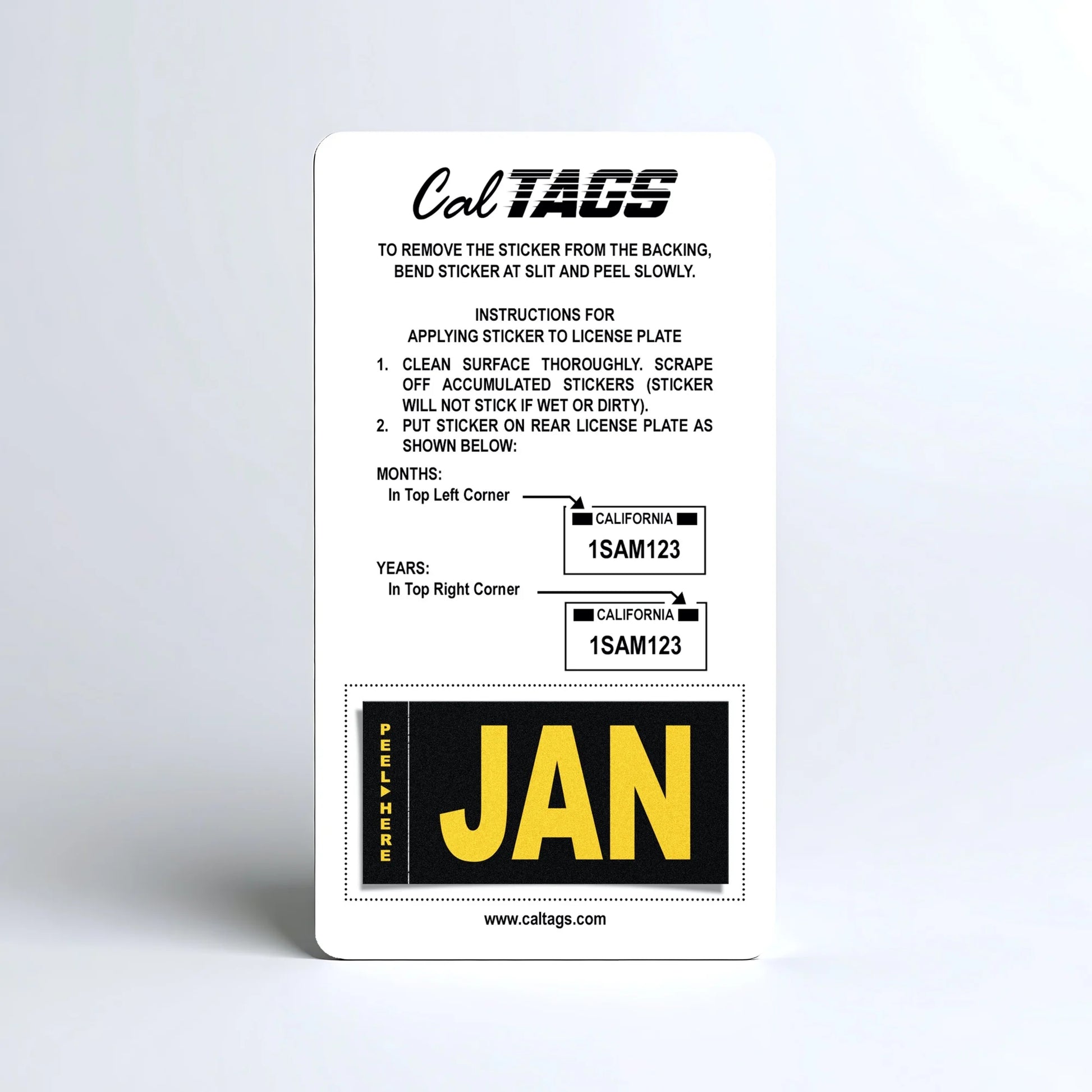 California license plate January month sticker mounted on CalTags display card — Legacy Series