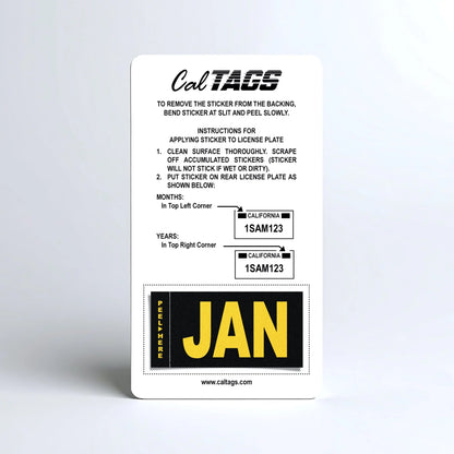 California license plate January month sticker mounted on CalTags display card — Legacy Series