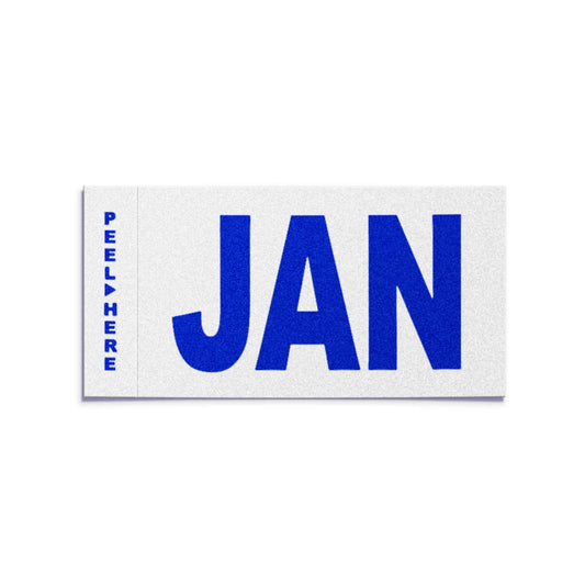 California license plate January month sticker — Modern Series — reproduction shown on white background