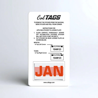 California license plate January month sticker mounted on CalTags display card — Red Series